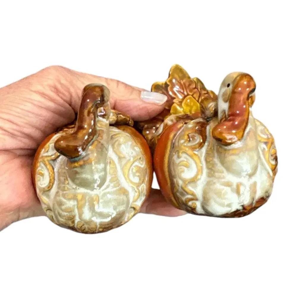 Vintage Ceramic Pumpkin Turkey Salt and Pepper Shakers Set